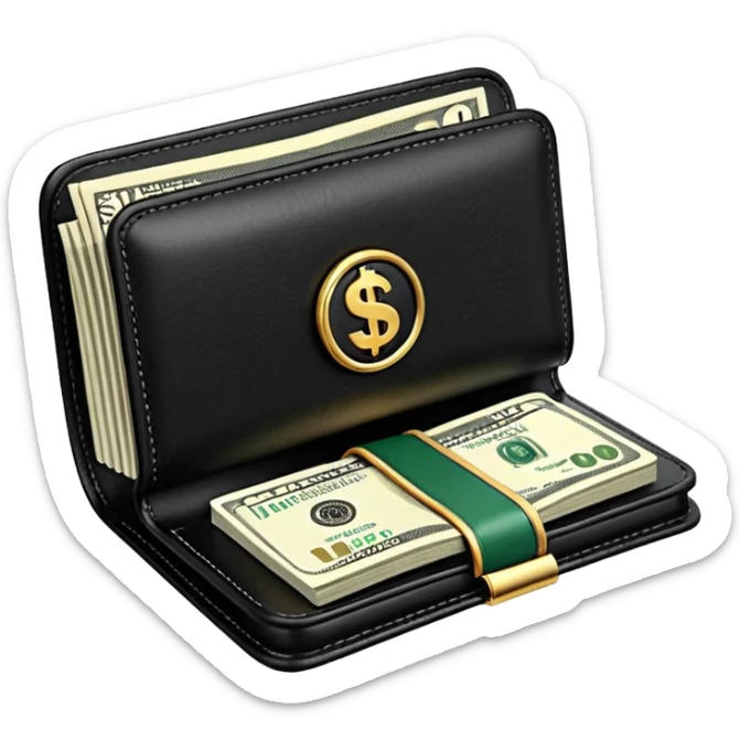 Rich emoji style black leather wallet with dollar bills, luxury money vibe, premium 3D emoji, ultra clean, high detail, no background sticker