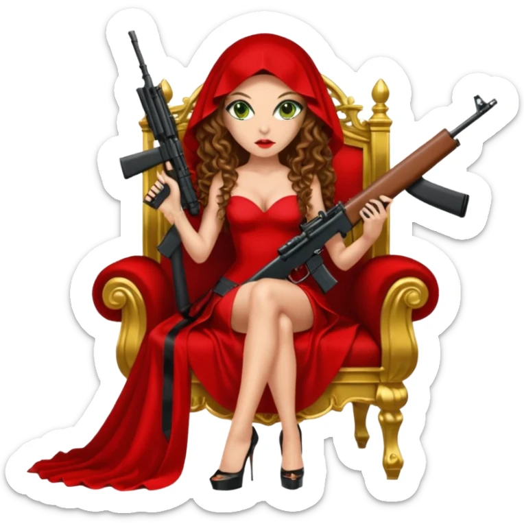 Drug dealer female green eyes symbol.  hair is brown curly long hair. sexy long with long red and black dress and mouth veil cover on that covers her mouth only. black stiletto platform high heels shoes on. Holding sniper rifle sitting on a gold throne. sticker