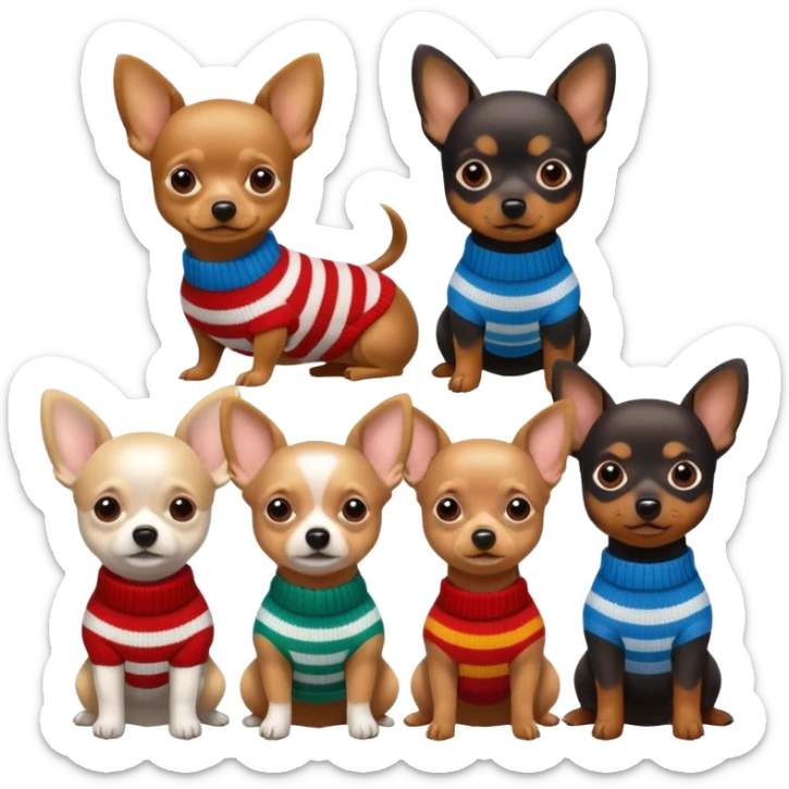 Cagnolini piccoli chiuaua, bassotto e Yorkshire seduti con vestitini di maglia di diverso colore sticker