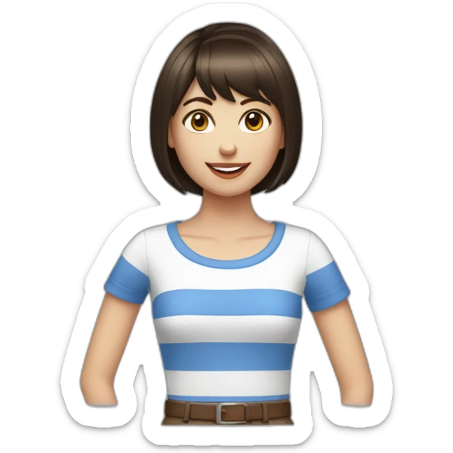 caucasian woman with dark brown hair a bob haircut, bangs, braces on teeth, blue and white striped t shirt sticker