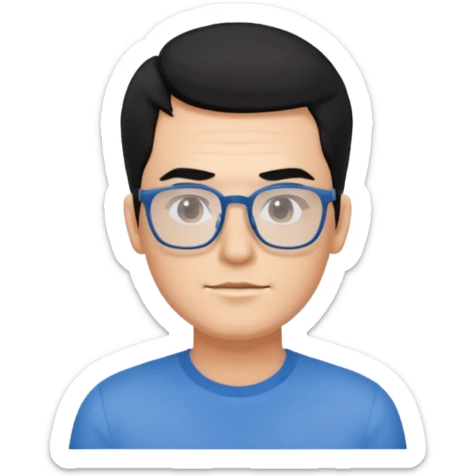 portrait of american man, wearing a blue shirt, square glasses, black hair sticker