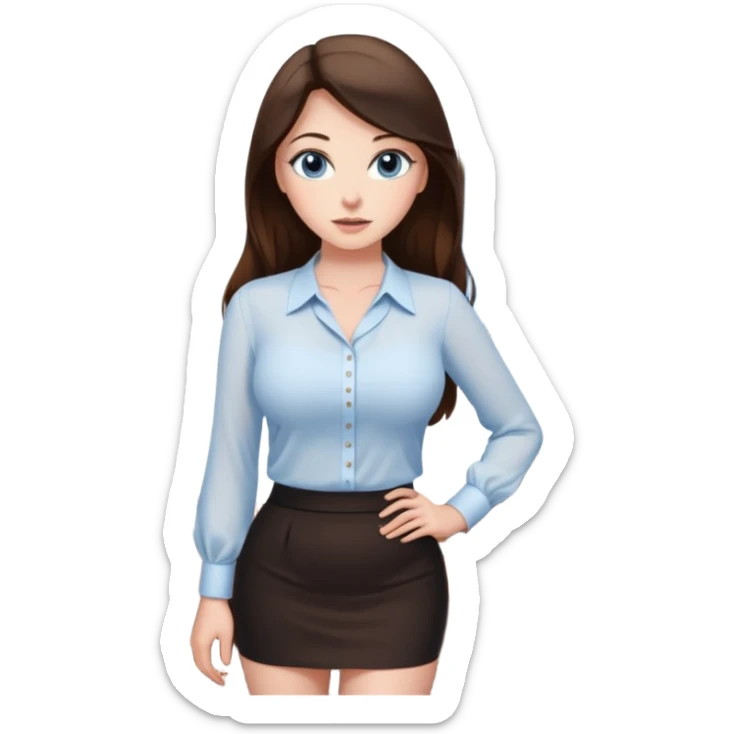 sexy woman brunette, very large breasts, pale skin, blue eyes, long brown hair, white blouse, short black skirt. office.  sticker