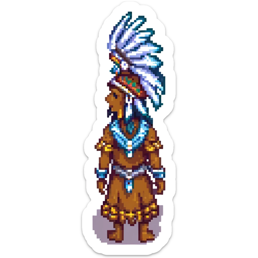 tribal colonist from RimWorld, pixel art style, wearing a feathered headdress sticker