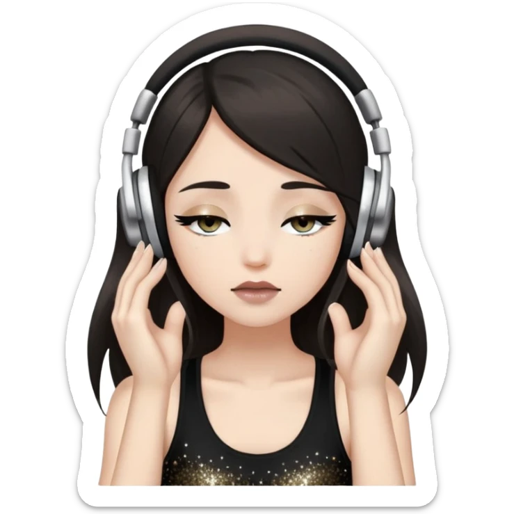 Girl with long dark hair, fair skin tone, wearing a black tank top, has glitter on her eyelids, and taupe lipstick, wearing white headphones, her hands are on her ears, and her eyes are slightly close sticker