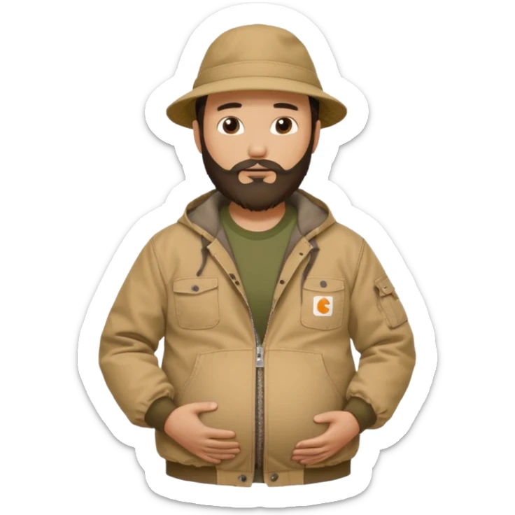 Bearded man rubbing pregnant belly poking out of shirt wearing a tan canvas carhartt jacket with  chinese hat on sticker