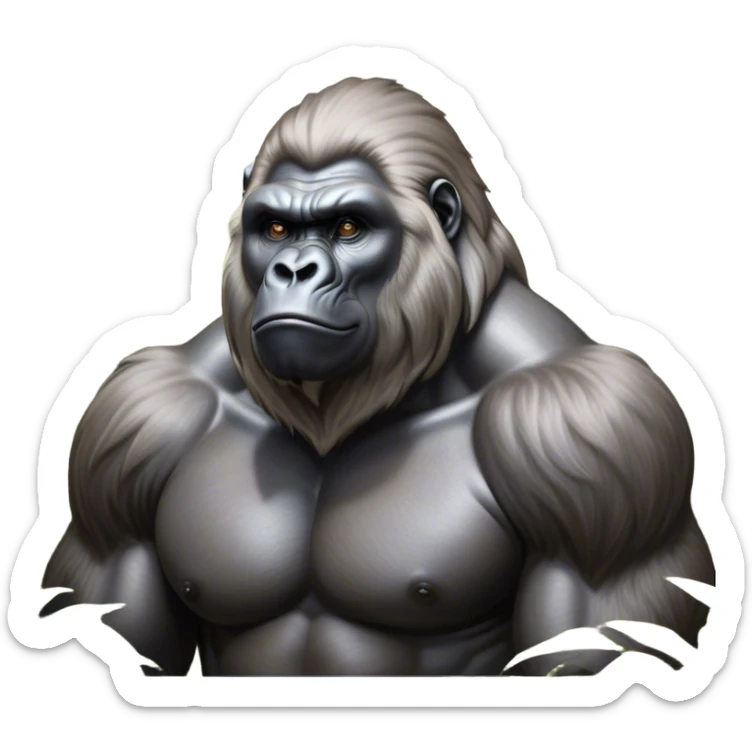 Cinematic Noble Silverback Gorilla Portrait Emoji, Poised and majestic, with a powerful, muscular frame accentuated by a distinguished silver mane and piercing, wise eyes, Simplified yet sharp and sophisticated features, highly detailed, glowing with a soft, regal jungle glow, high shine, intelligent and commanding, stylized with an air of imperial strength, focused and resolute, soft glowing outline, capturing the essence of a watchful guardian that feels as though it could step out of the screen with effortless authority! sticker