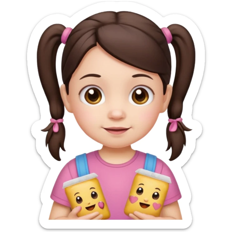 Cute small Toddler emoji with two pigtails dark brown hair, fair skin, in pink top, holding toddler snacks sticker