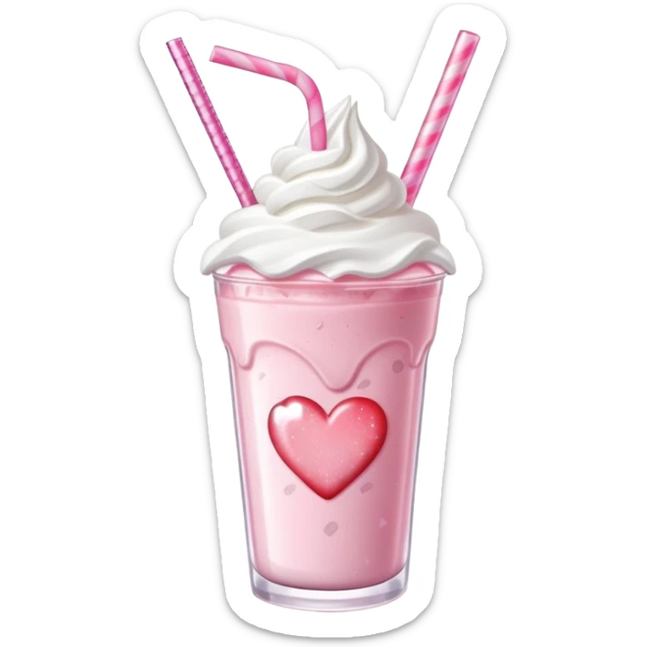 A cute pink strawberry milkshake in a glass cup with a heart-shaped straw, whipped cream on top, pink sparkles. sticker