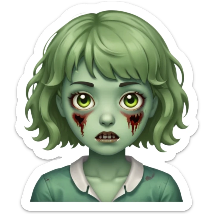 zombie girl with short wavy hair and bangs, greenish skin sticker