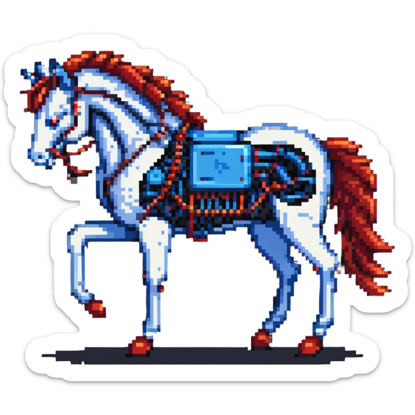 fast electric horse made of electricity, metal plates, bolts, visible blue and red wires, lightning coursing through its body, cybernetic sticker