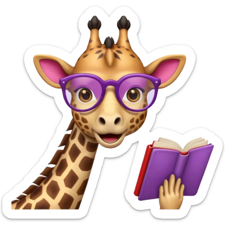 emoji de jirafa violeta con manchas rosadas  agregar lentes de lectura a la tercer imagen sticker