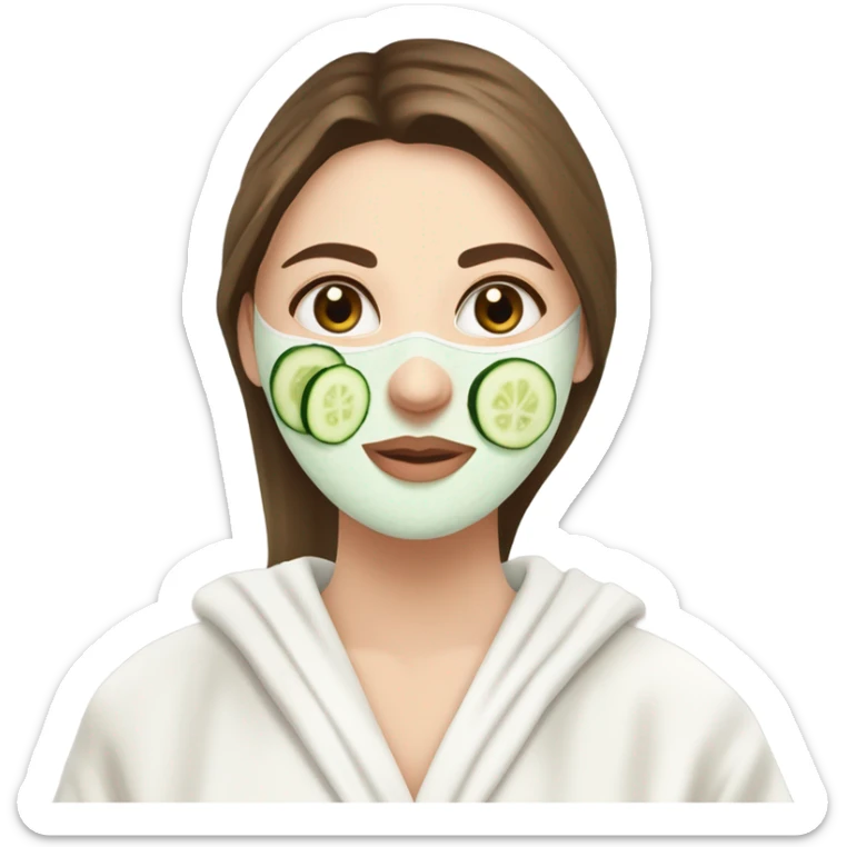 White girl with Brown hair and blue eyes wears a Green colored skincare clay textured mask and puts on cucumbers around her eyes while She relaxes in her white Robe sticker