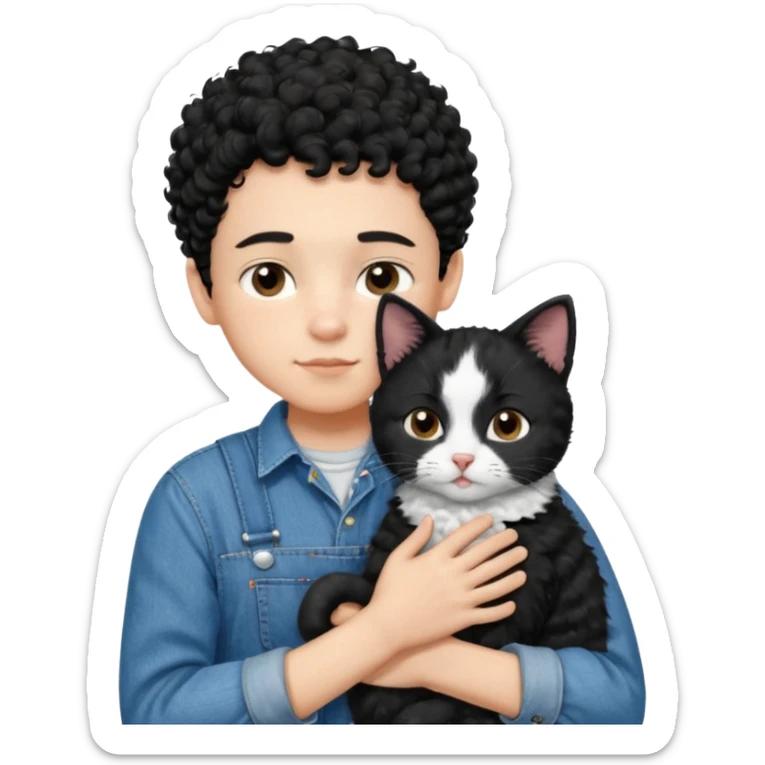Apple emoji of a 13-year-old boy with short black curly hair, light skin, dark brown eyes, wearing a denim shirt and overalls, hugging a black and white cat. sticker
