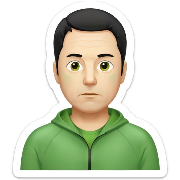 Kim is a middle-aged man, around 40 years old, green tracksuit.  His black hair, is unkempt and damp with sweat. sticker