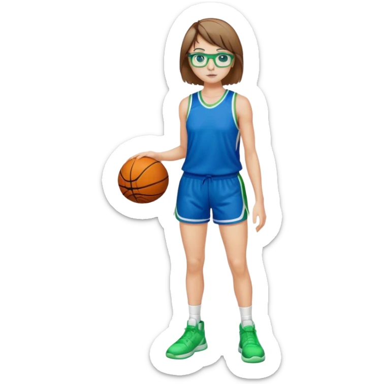 Full Body white Girl with basketball short short brown hair with blond highlights wearing blue glasses with green eyes sticker