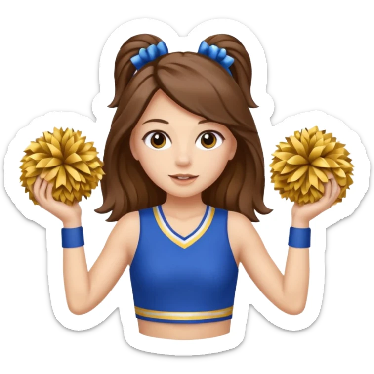 cheerleader with long brown hair and 2 pom poms blue and gold in each hand sticker