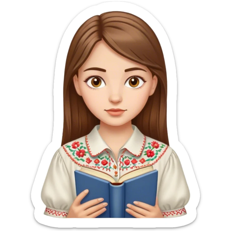 A Ukrainian girl with brown hair in an embroidered shirt reads a book sticker