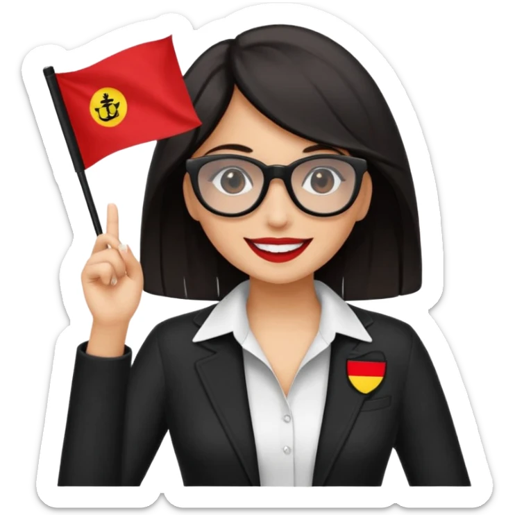 Una mujer morena (de pelo)  con una coleta de color negro) y gafas de sol de color negro y una bandera roja en la mano sticker