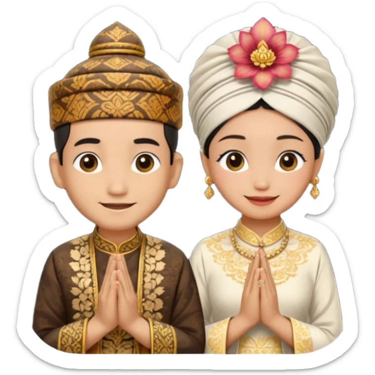 javanese person with shy smile (male) with batik blangkon hat and prayer hand, and also a javanese bride with sanggul or javanese classic updo and a shy smile sticker