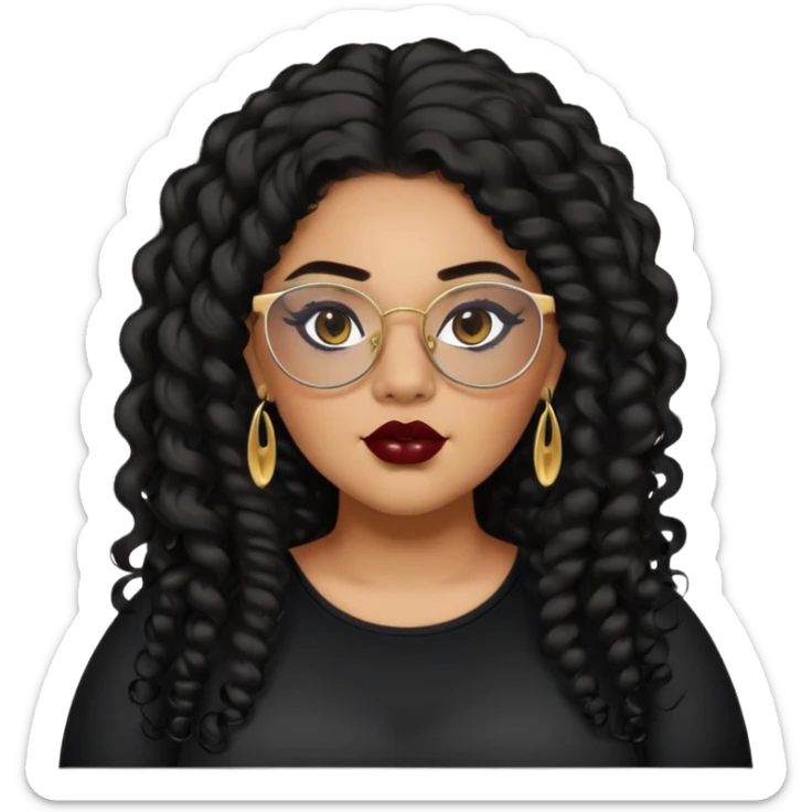 teen big plus size, latina, darker tan skin, gold earring, long black curly hair, baddie,pretty, makeup, dark red lipgloss, black eyeliner, long hair, black top, black glasses sticker