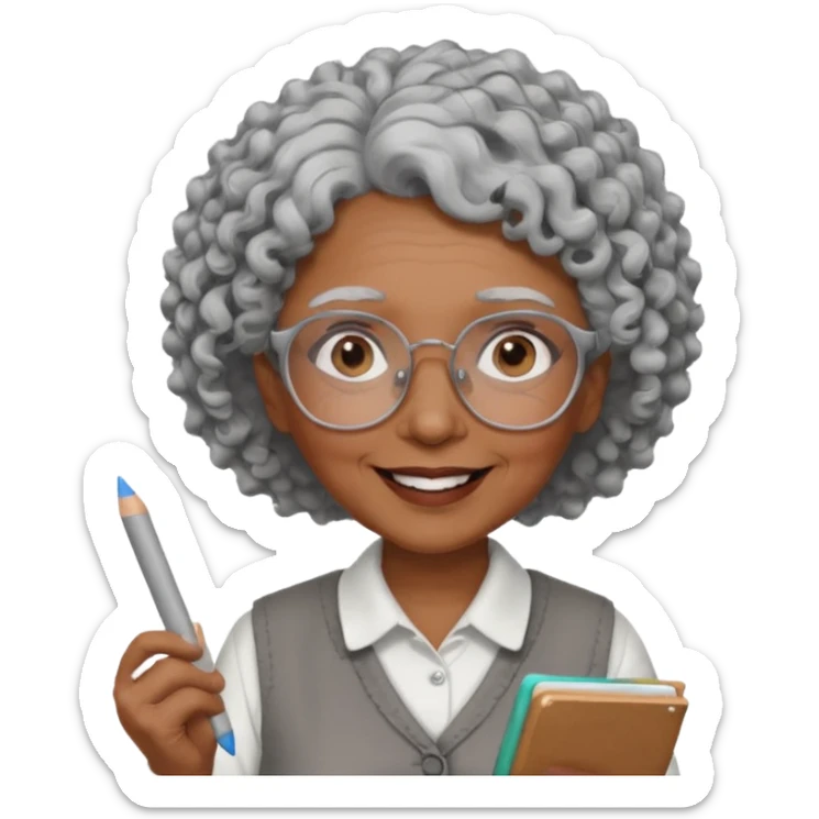 old woman teacher, brown skin, curly grey white hai, wearing glasses, hold chalk on hand sticker
