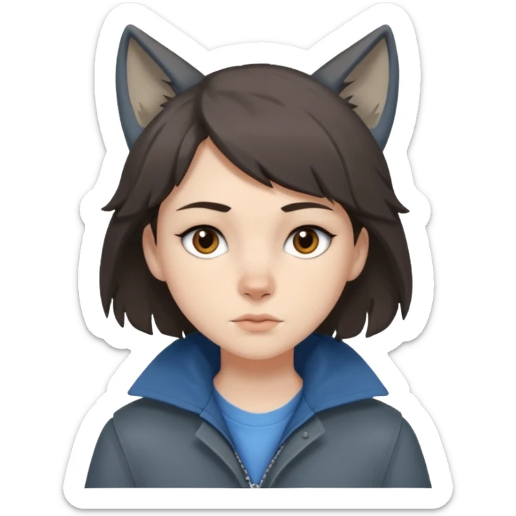 Hobo tomboy with dark brown hair in a wolf cut style, brown eyes, dirty dark grey coat, blue-grey shirt. sticker