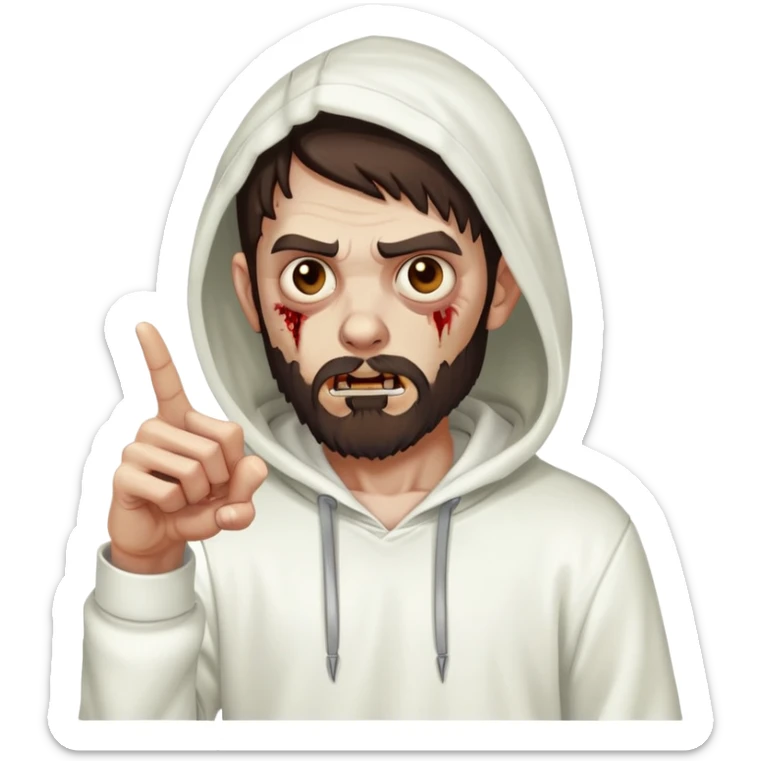 zombie pointing finger wearing white hoodie, with dark brown hair and short full beard sticker