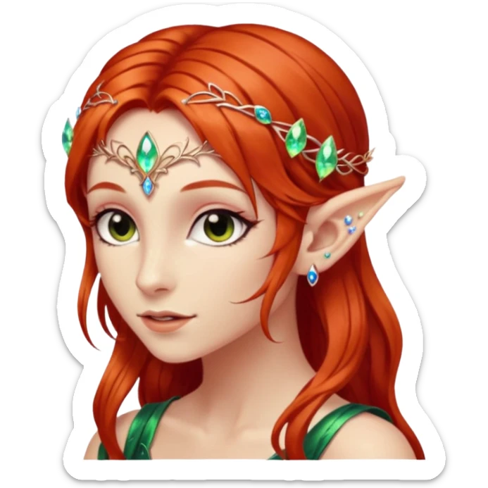 portrait of red haired Elvish fae shiny sparkly iridescent translucent diaphanous ear climber ear cuff sticker