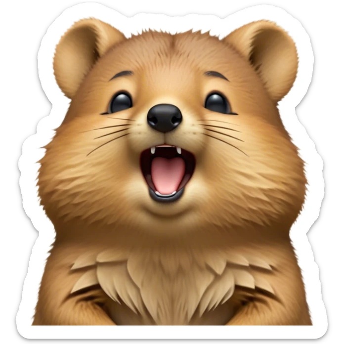 Cinematic Cute Yawning Quokka Portrait Emoji, Head tilted slightly with a dramatic, wide-open yawn, showcasing a soft, downy brown fur with a slightly droopy expression and eyes barely open in drowsy contentment, Simplified yet irresistibly adorable features, highly detailed, glowing with a soft, cozy glow, high shine, relaxed yet expressive, stylized with a touch of playful charm, bright and endearing, soft glowing outline, capturing the essence of a sleepy yet affectionate quokka, so drowsy it feels like it could stretch out of the screen and curl up for a nap! sticker