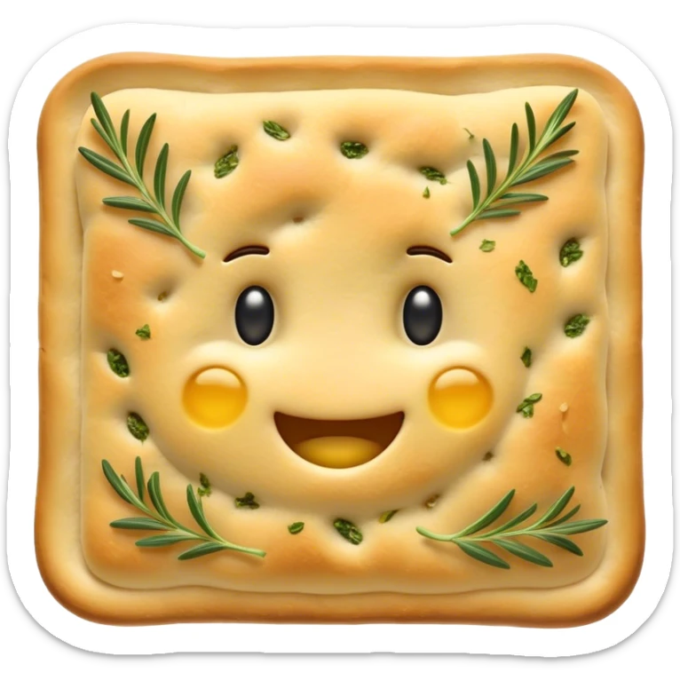 Cinematic Realistic Focaccia Bread Dish Emoji, depicted as a golden, olive oil brushed flatbread sprinkled with herbs rendered with lifelike texture and soft, appetizing lighting. sticker