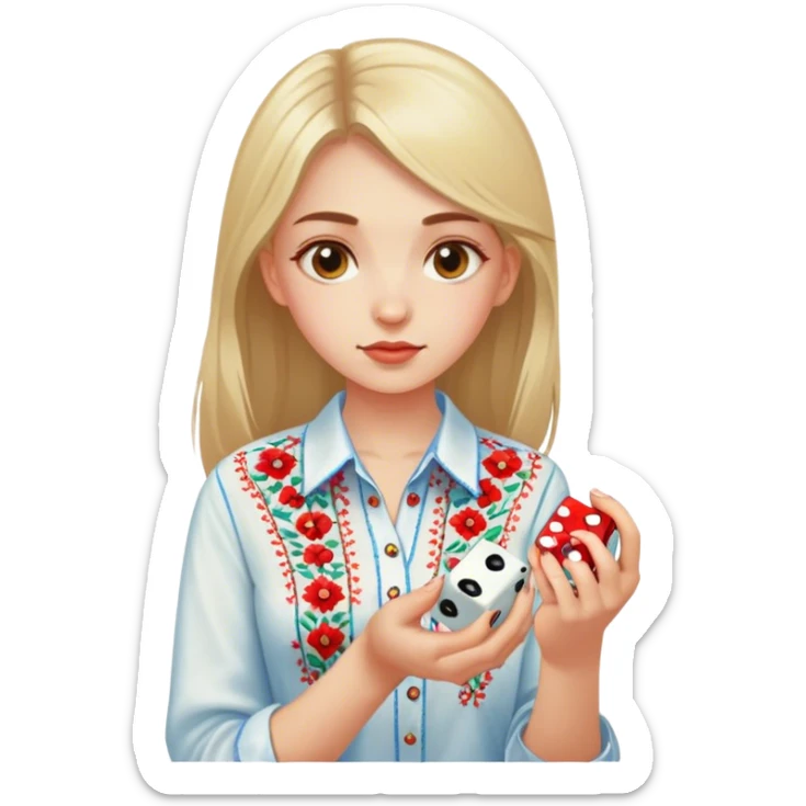 A Ukrainian girlin an embroidered shirt holds a dice in her hand sticker
