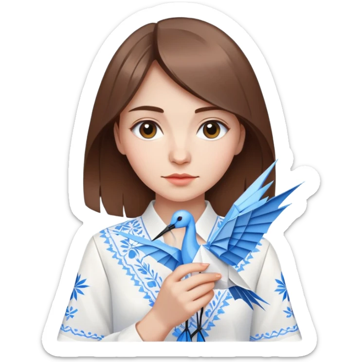 A Ukrainian young girl with brown hair wearing a white embroidered shirt holds an origami blue crane sticker