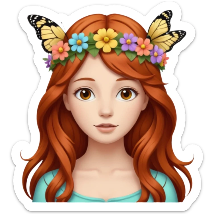 Woman with long flowing auburn hair wearing a flower crown with butterflies in it sticker