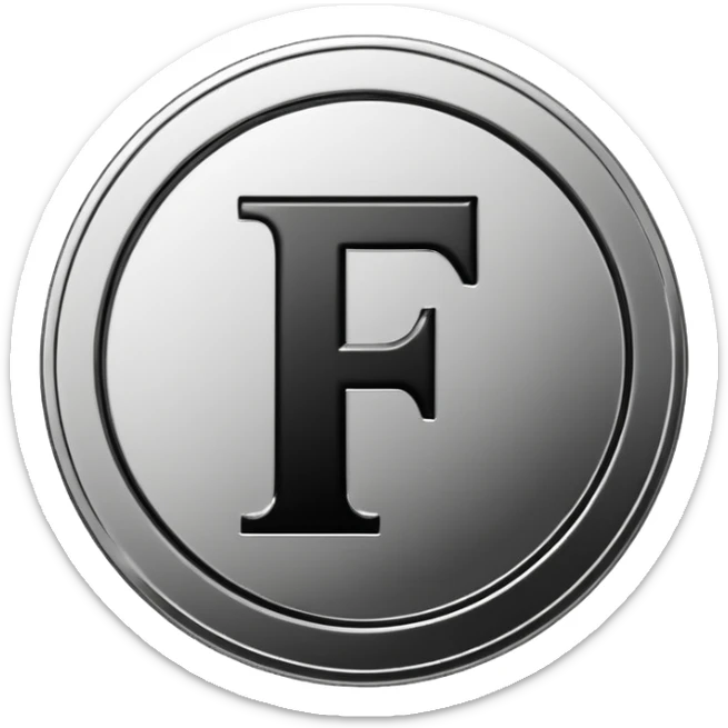 Emoji icon of a metal coin with engraved letter F, minimalist style, isolated, only black color sticker