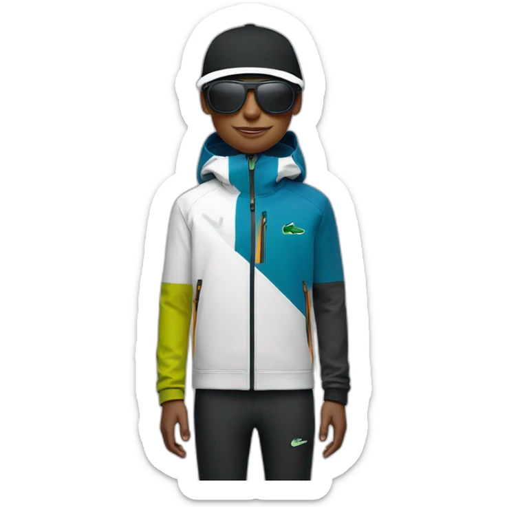 Un garçon blanc qui porte das lunettes de ski, il a les cheveux noirs, un survetement de lacoste et une casquette nike sticker