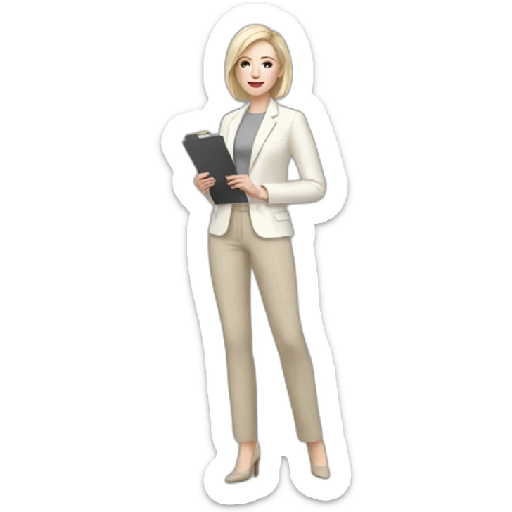 Full height pale skin woman with ash blonde Straightened bob Hair, White classical jacket, beige Arrow pants and gray blouse holding a color palette in the hands sticker