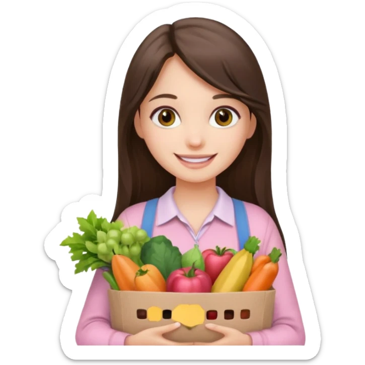 smiling long brunette hair girl hazel eyes wearing light pink clothes holding groceries sticker