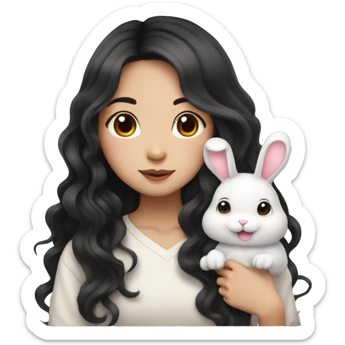Asian girl with long black wavy hair with cute bunny sticker