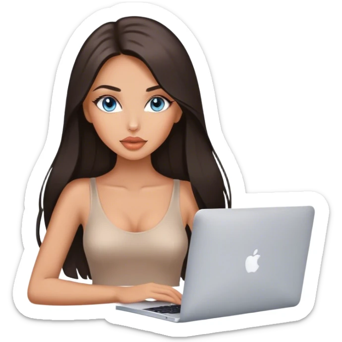 Glamours tanned very beautiful girl with pump peach nude lips and dark chocolate straight smooth long hair, blue-grey eyes with MacBook sticker