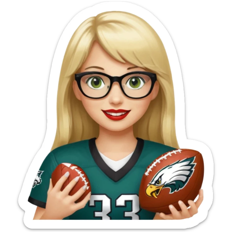 full length women wearing eagles uniform, long blonde hair, bangs, green eyes, black glasses, holding football, number 33, smiling, lipstick sticker