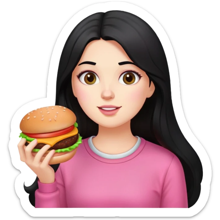 White girl in pink clothes and long black hair eating burger and pizza sticker