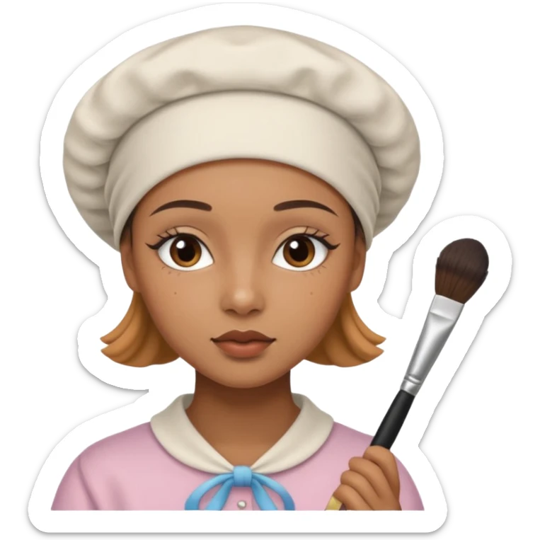 19 year old woman with a bonnet doing her makeup no hair showing caramel skin sticker