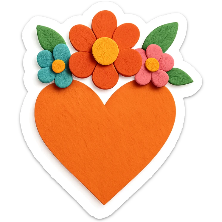 an orange heart with a crown of colorful flowers, paper craft style, layered paper look sticker