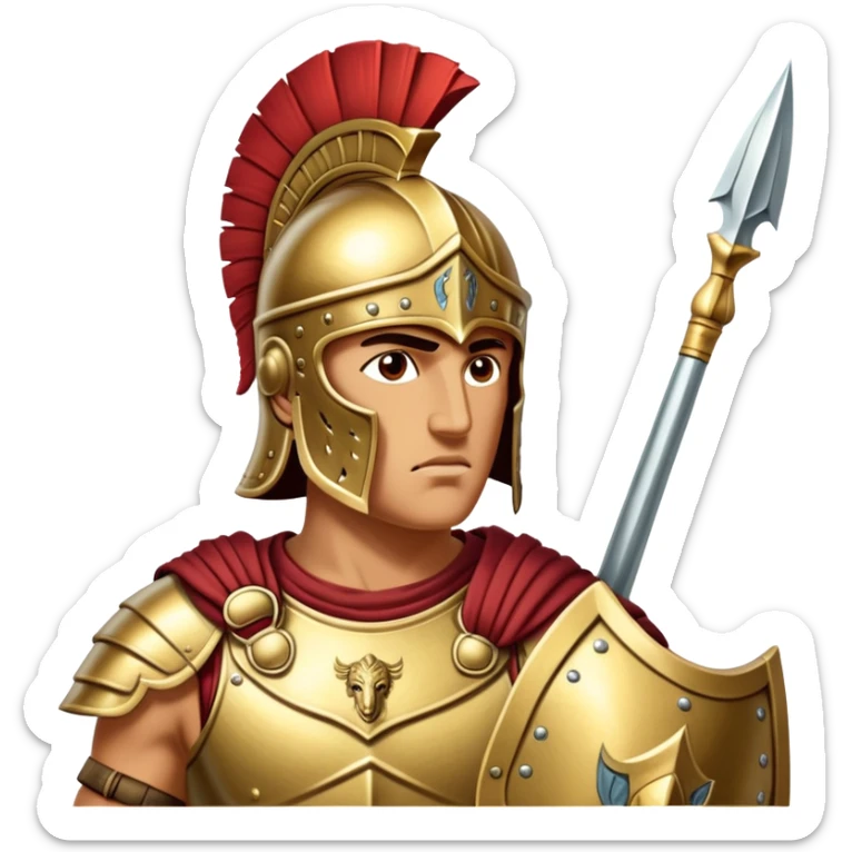 Cinematic-realistic Achilles emoji portrait fearlessly on the battlefield of Troy. His trojan armor gleams , each intricate engraving telling tales of his past glories. His piercing gaze locks onto his foe, his grip tightening around his spear.  sticker