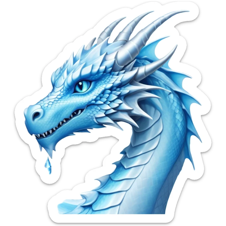 Cinematic Noble wise elegant Ice Dragon Portrait Emoji, Poised and imposing, distinct long elegant snout, with a slender, scaled body shimmering in glacial hues of icy blue, frostbitten silver, and crystalline white, breathing out frost, with piercing, glowing ice blue white eyes that radiate the chilling depths of an arctic storm; rendered in detail. excuding wisdom sticker