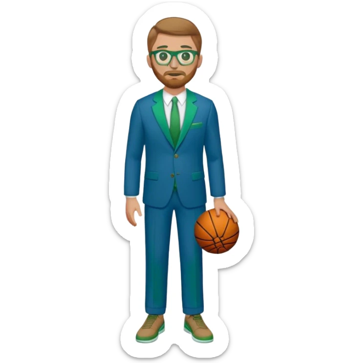 full body White male basketball coach light brown/ blond hair, short beard, green/blue eyes wearing glasses and blue and green suit sticker