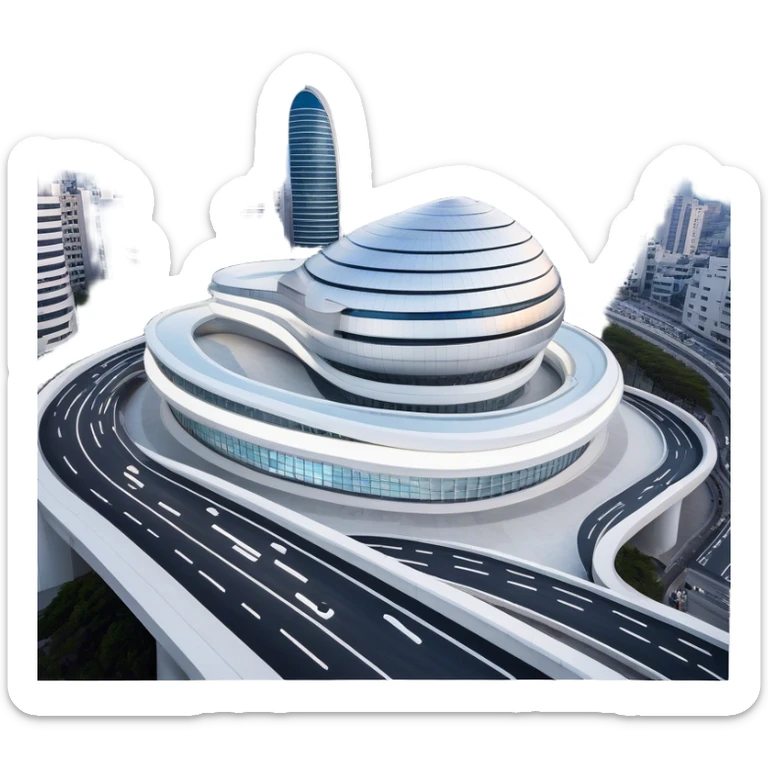 Realistic Dongdaemun Design Plaza (DDP) Landmark Emoji, featuring the iconic curving silver structure with futuristic architecture, illuminated pathways, and a sleek modern design set against the Seoul cityscape. sticker