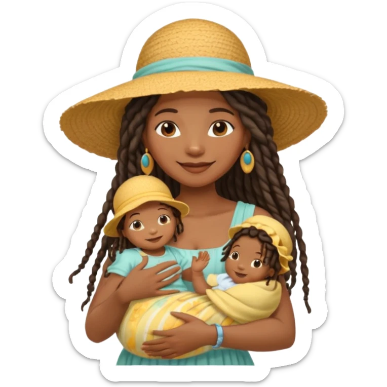 A black mom with long dread lock hair in a sunhat holding her baby gently, wearing a sun-dress while smiling softly. sticker
