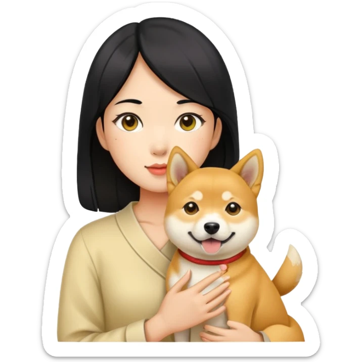  A Chinese balck hair girl holding a Shiba inu dog and a yellow dog sticker