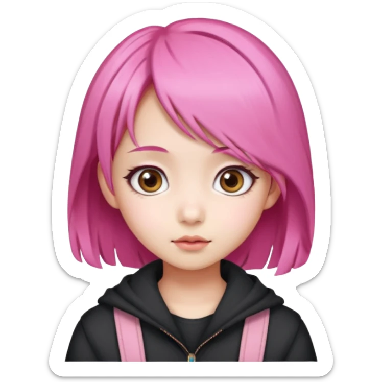 An Asian girl with  pink hair, big eyes,sweet
 sticker